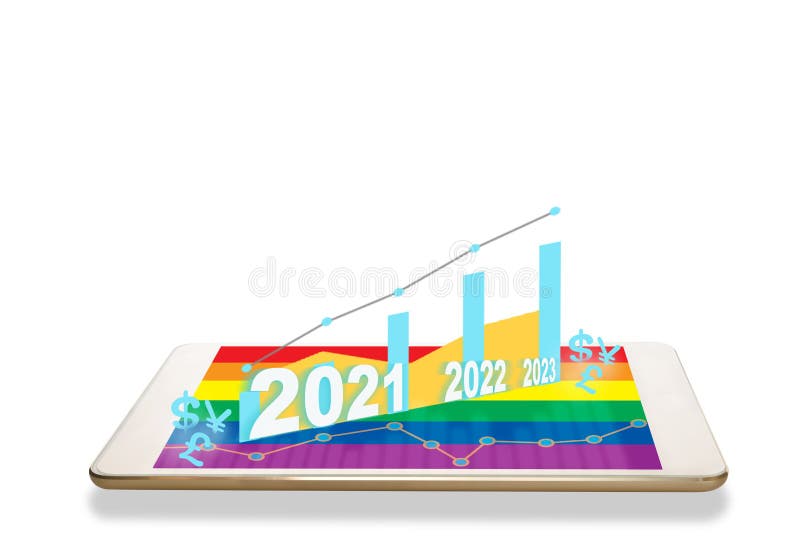 Neues Jahr 2021, 2022 und 2023 mit Wachstumsdiagramm und -währung auf digitale Tablette des Computers mit dem bunten Bildschirm de vektor abbildung
