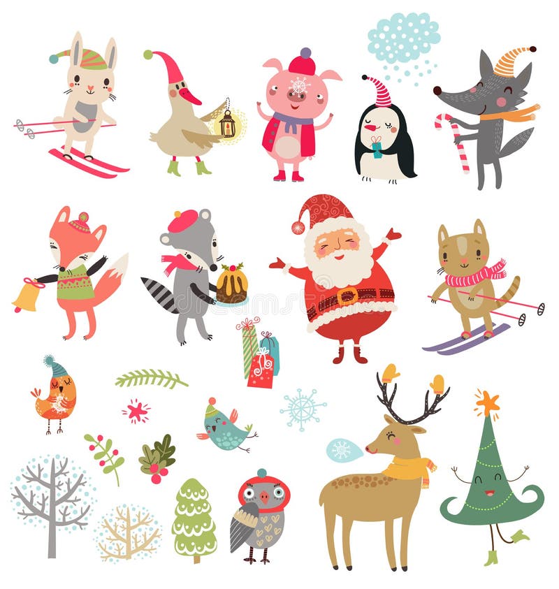 Neues Jahr Weihnachtswinterkollektions-Vektorsatz nette Charaktere