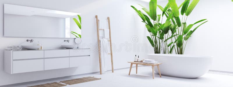 Neues modernes Zenbadezimmer mit tropischen Anlagen Wiedergabe 3d stockbilder Neues modernes Zenbadezimmer mit tropischen Anlagen Wiedergabe 3d stockbilder