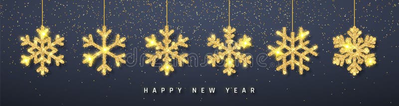 Neujahr glänzend glänzend glänzender goldblühender Schneeflocken-Dekoration auf dunklem Hintergrund Schneeflocken-Hanging Vector stock abbildung