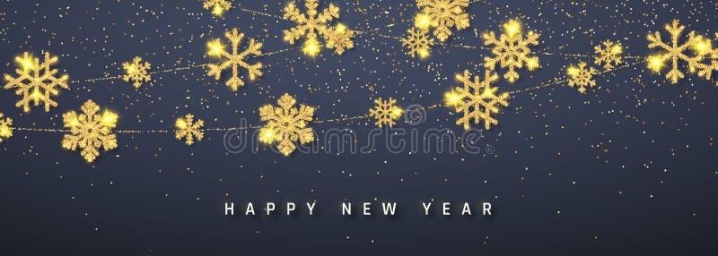 Neujahr glänzend glänzend glänzender goldblühender Schneeflocken-Dekoration auf dunklem Hintergrund Schneeflocken-Hanging Vector stock abbildung
