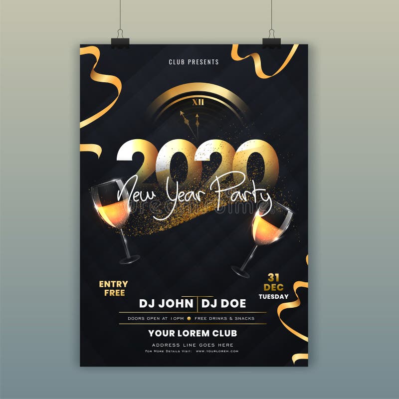 2020 Neujahrsfeier Einladung oder Flyer-Design mit Wall-Clock mit Glittereffekt und Weinglas vektor abbildung 2020 Neujahrsfeier Einladung oder Flyer-Design mit Wall-Clock mit Glittereffekt und Weinglas vektor abbildung
