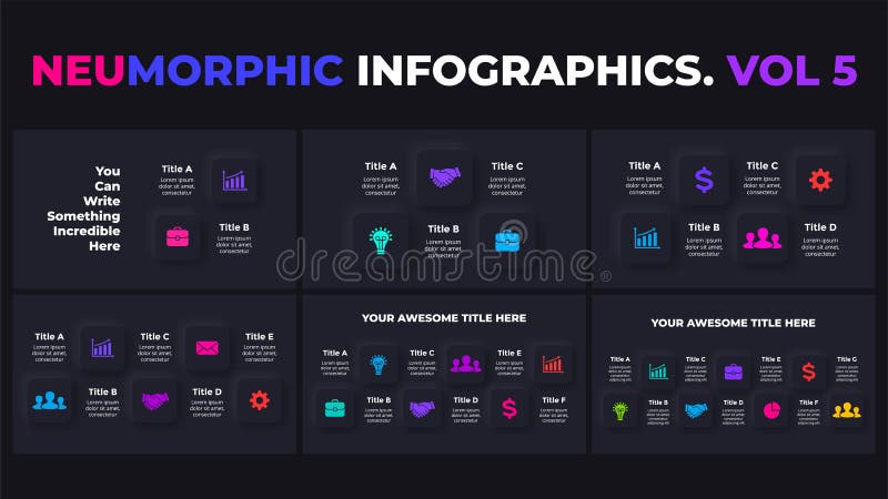 Neumorphic Vector Infographic. Dark squares. Presentation slide template. Neumorphism ui design. royalty free illustration