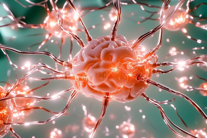 Neural connections illustrated with a glowing brain at the center surrounded by vibrant synapses. Virtual setting stock photo