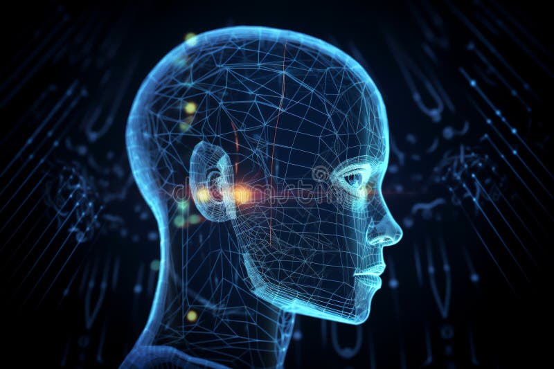 Neural network of big data and artificial intelligence circuit board in the head of a blue human female outlining concepts of a stock illustration