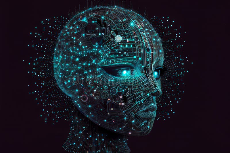 Neural network of big data and artificial intelligence circuit board in the head of a green human female outlining concepts of a royalty free illustration