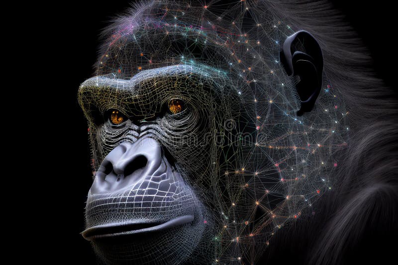 Neural network of a gorilla brain with data and artificial intelligence circuit board in the head of the primate ape stock illustration