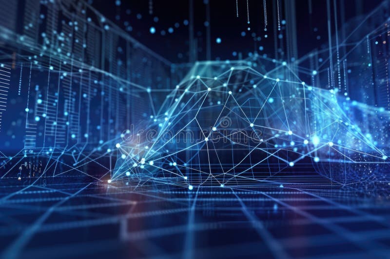 Neural network predicting stock market prices, with real-time data streaming in vector illustration