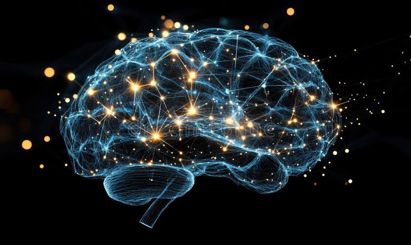 Neural Network Visualization, Digital Brain Representation with Glowing Connections and Nodes, Abstract Technology stock image