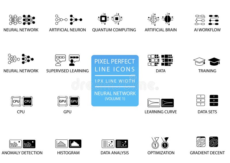 Neural Networks and Deep Learning vector icon set optimized for web use vector illustration