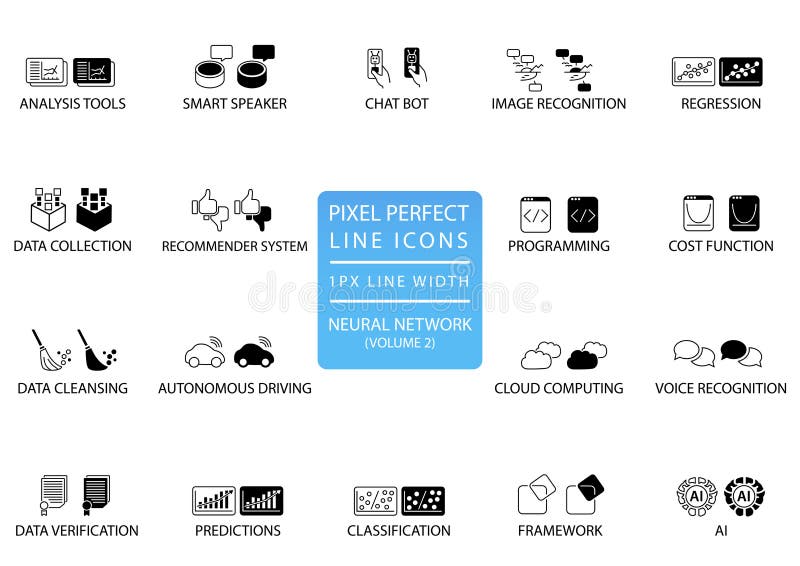 Neural Networks and Deep Learning vector icon set optimized for web use stock illustration