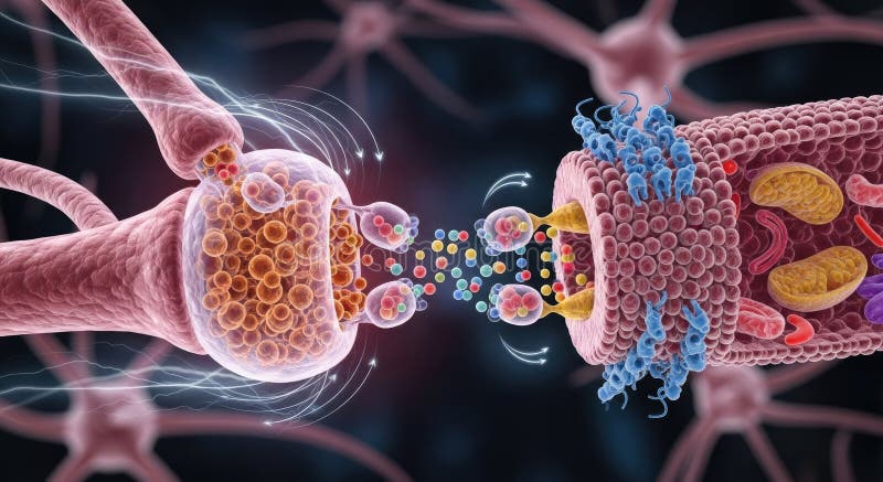 Neural synapse connection, nerve impulse transmission, neurotransmitter release, signaling pathway within brain cell. Network, biological communication. AI. Membrane diffusion stock images, royalty-free photos and pictures