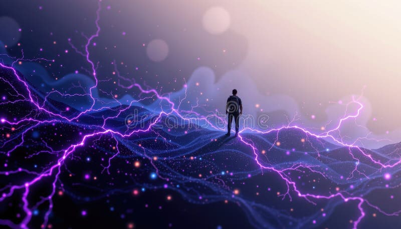 Neuralny gradient śledzenia inspirowany piorunami synaptycznymi : ostre fioletowe błyski nad dymnym indygo bazą ilustracja wektor