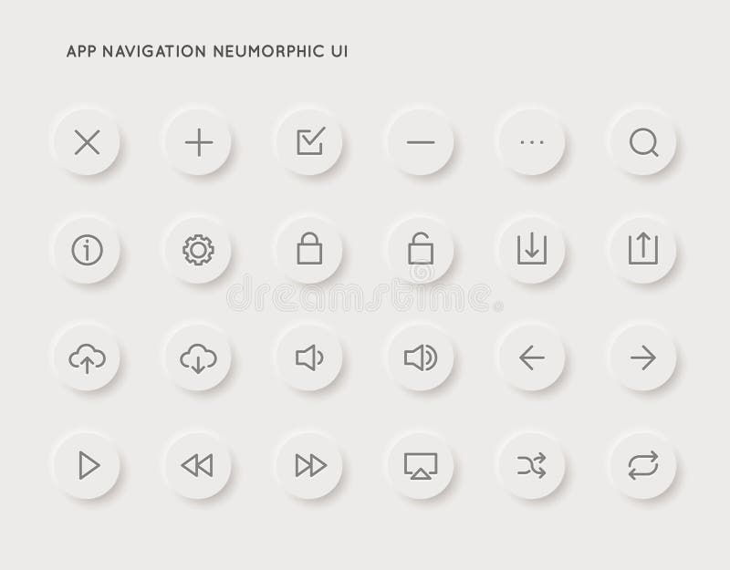 Neuromorphic App System User Interface UI Vector Icon Set. Neuromorphism.