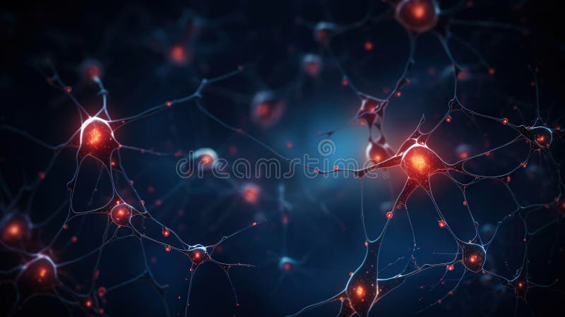 Neuron complex connection. Neural net. Research of nerve network. Human mind cells data analysis. Generative AI royalty free illustration