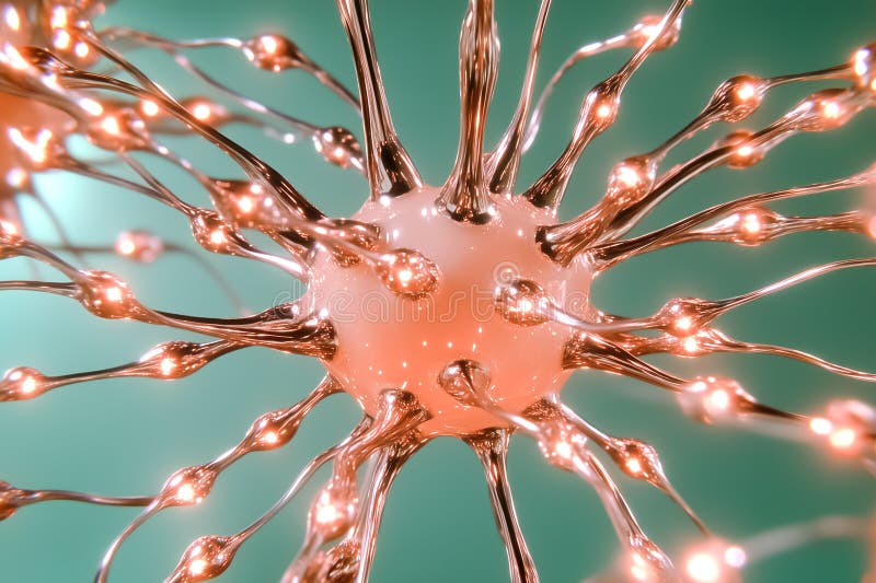 Neuron with glowing synaptic connections radiating light. Close-up view emphasizing intricate details. Concept of royalty free stock image