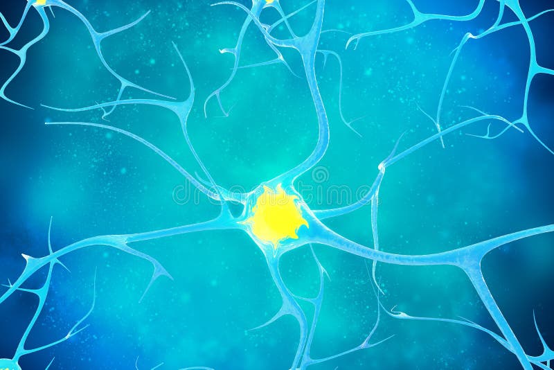 Neuron with yellow nucleus inside. 3d illustration of a high quality