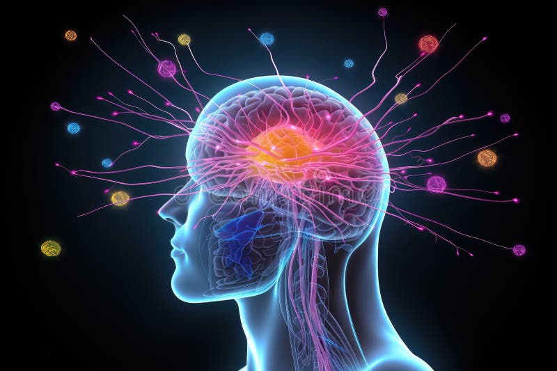 Neuronales Lernen 3D Neuronen neuronale Gehirnfunktionen kognitive Fähigkeiten Neuronen im Gehirnfeuer in synchroner Tiefenkonzent lizenzfreie stockbilder