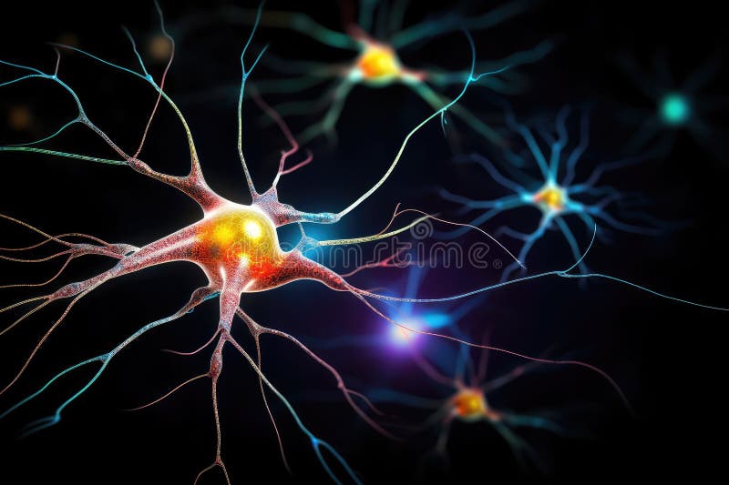 Neuronales Lernen 3D Neuronen neuronale Gehirnfunktionen kognitive Fähigkeiten Neuronen im Gehirnfeuer in synchroner Tiefenkonzent lizenzfreies stockbild