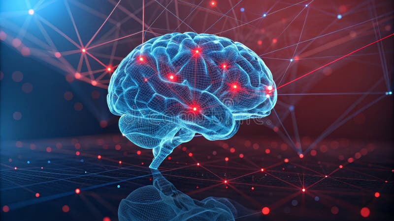 Neuronales Netzwerk Wireframe Brain Red and Blue Nodes Connectivity Concept vektor abbildung