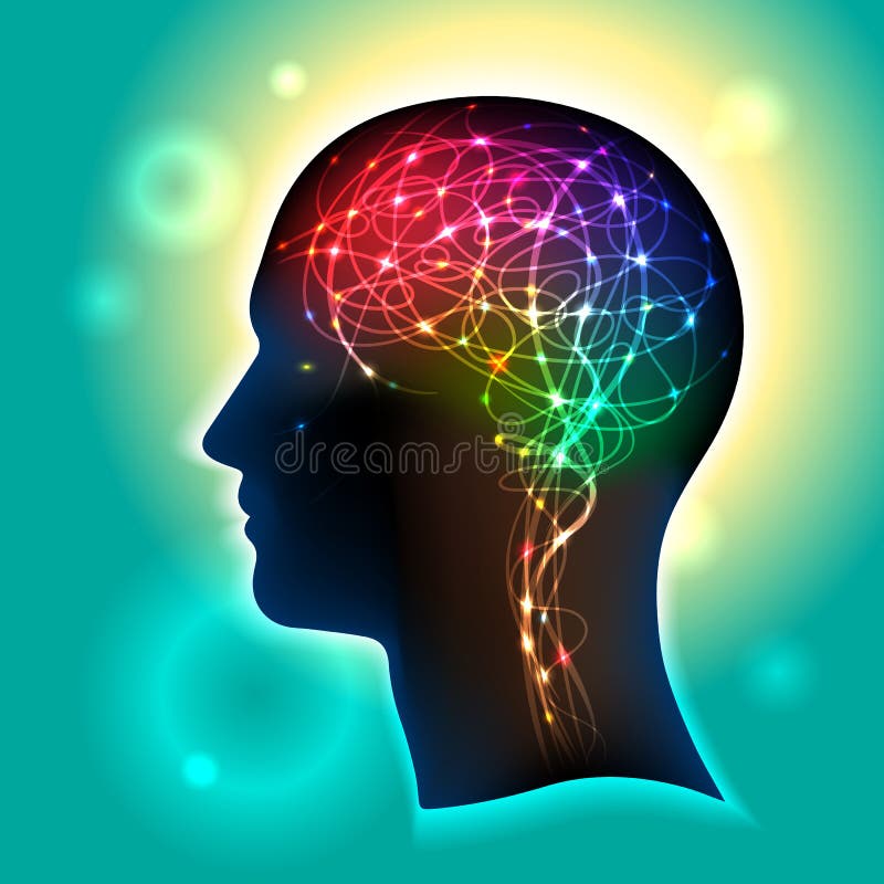 Perfil de hombre cabeza vistoso de neuronas en cerebro.