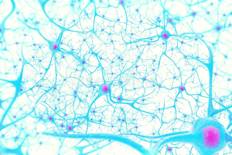 Neurons in the brain on white background with focus effect. 3d illustration