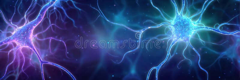Neurons Connect and Transmit Signals in a Glowing Digital Representation of Neural Activity in a Vibrant Setting stock photo