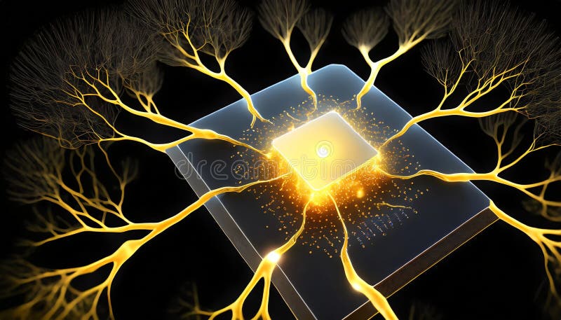 Neurons connected to microchip. Neuromorphic computing. Generative AI image. vector illustration