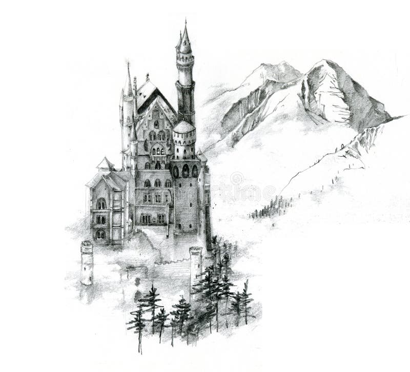 Unfinished sketch of Neuschwanstein Castle in Germany, drawing by hand. Unfinished sketch of Neuschwanstein Castle in Germany, drawing by hand