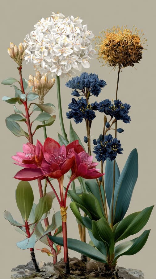 Neuseeländische Blumenwoche. Lebhafte botanische Sammlung : weiß rot und blau lizenzfreie abbildung
