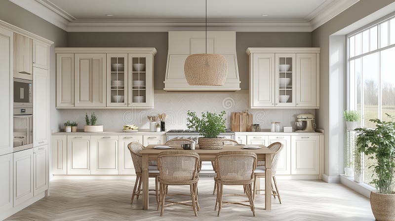Neutral Color Palette: Classic kitchens often use neutral colors such as whites, creams, beige, and soft pastels, creating a calm and inviting atmosphere. High quality photo. Sparse use stock images, royalty-free photos and pictures