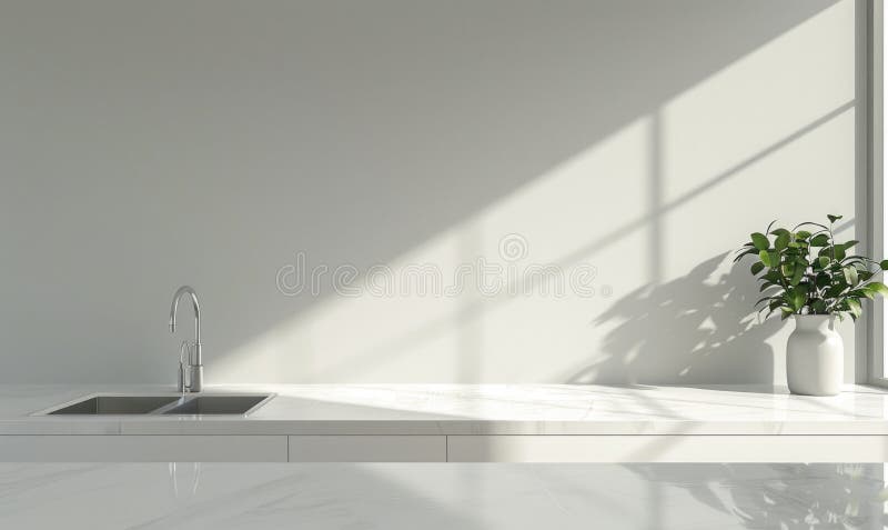 Neutral countertop, light grey background, shadow from window stock illustration