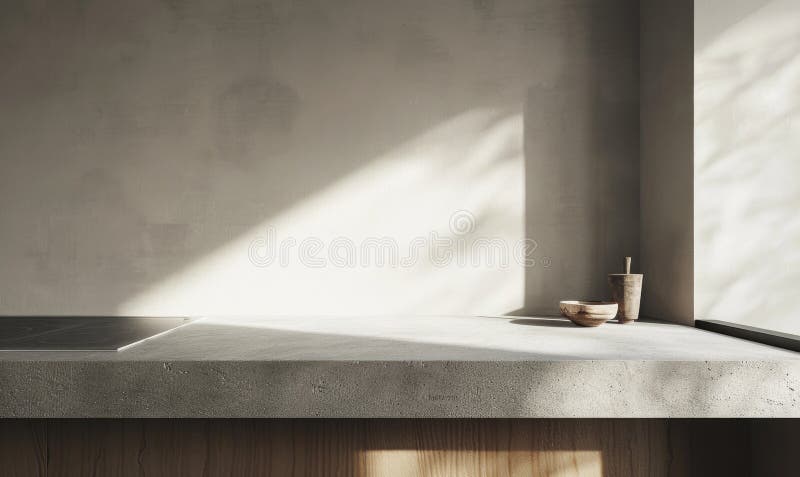 Neutral countertop, light grey background, shadow from window stock illustration