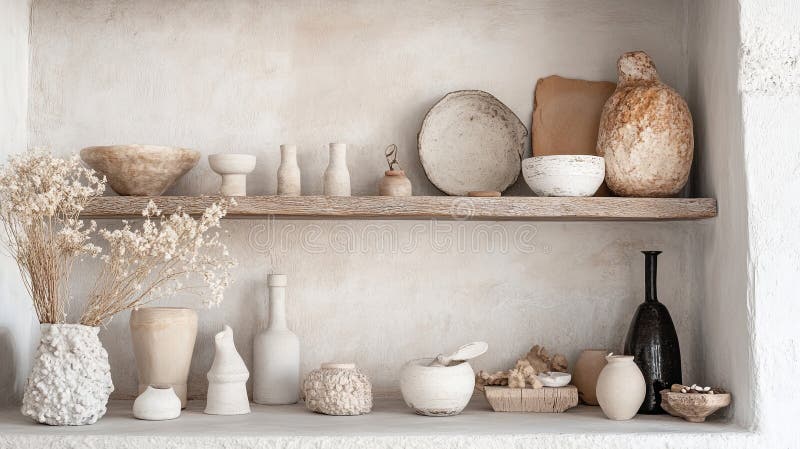 Neutral-toned shelf with textures and objects. stock photo