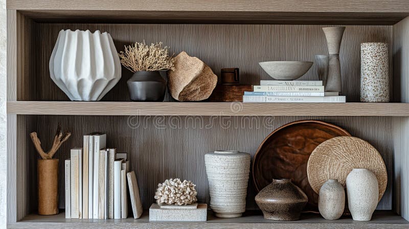 Neutral-toned shelf with textures and objects. royalty free stock photo