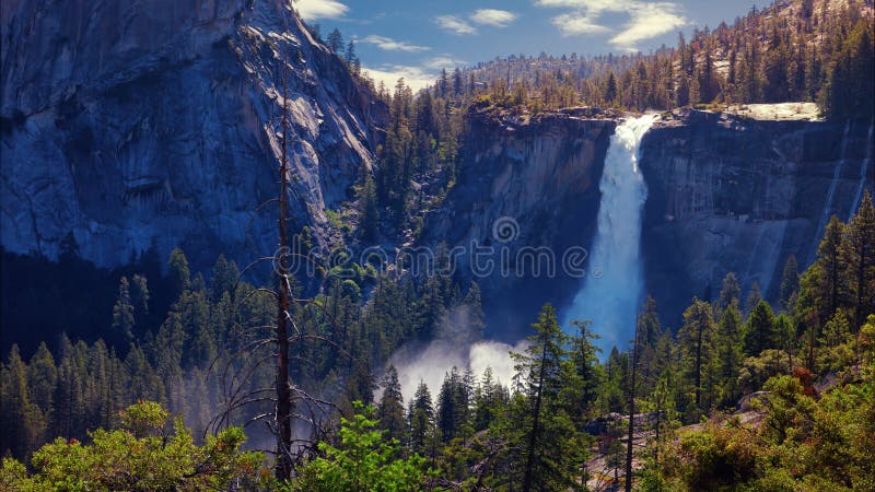 Nevada Falls waterfall of the Merced river, 181 m. high, below the Liberty Cap dome, Yosemite National Park, Sierra Nevada