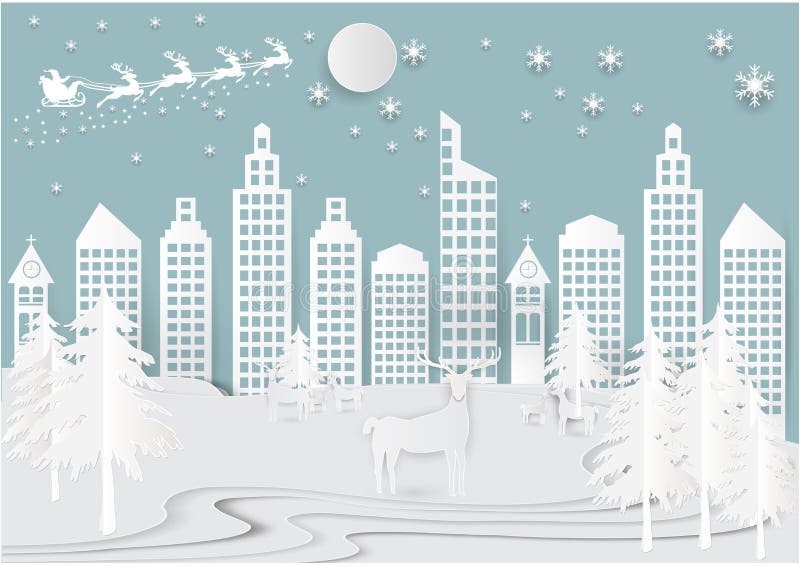 Neve di vacanza invernale nel fondo della città della città con Santa, i cervi e l'albero Illustrazione di stile di arte della ca royalty illustrazione gratis Neve di vacanza invernale nel fondo della città della città con Santa, i cervi e l'albero Illustrazione di stile di arte della ca royalty illustrazione gratis