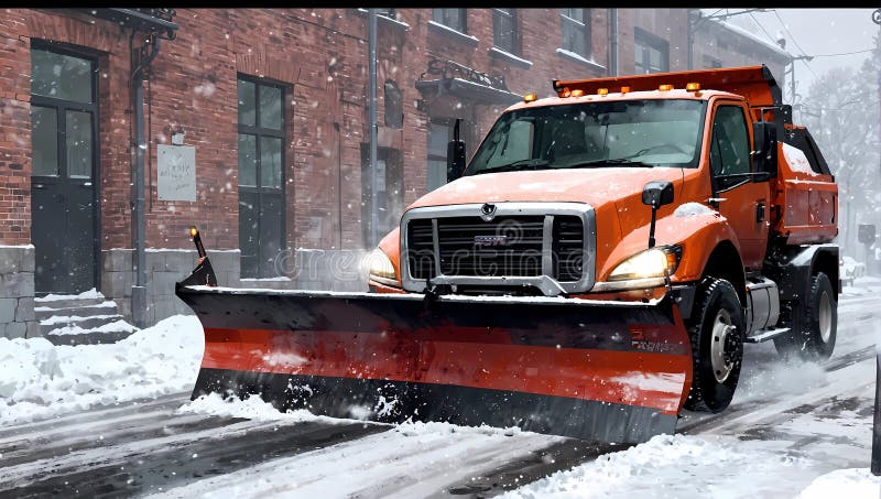 snow plow pushing scoop in city during storm past brick industrial buildings. snow plow pushing scoop in city during storm past brick industrial buildings