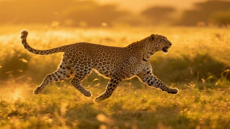 Leopard Running Fast Across African Savannah during Golden Hour