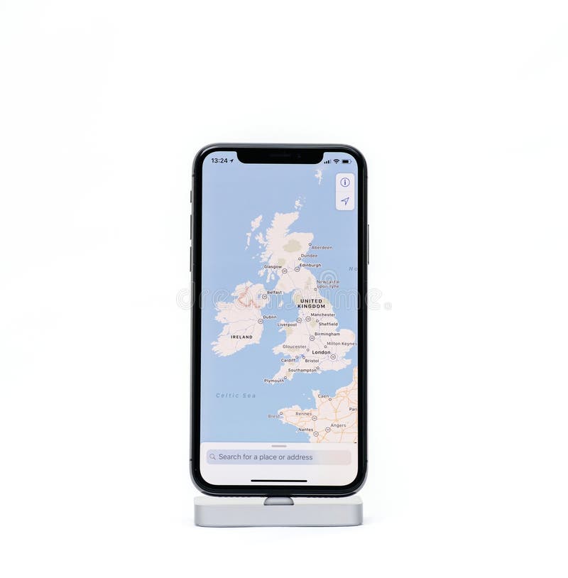 PARIS, FRANCE - NOV 5, 2017: New Apple iPhone X 10 smartphone isolated white background with Maps Application app featuring United Kingdom of Great Britain and Northern Ireland map with cities and roads,