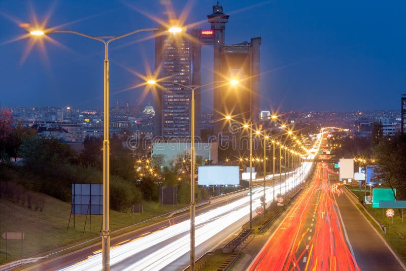 New Belgrade and city highway with light trails at night