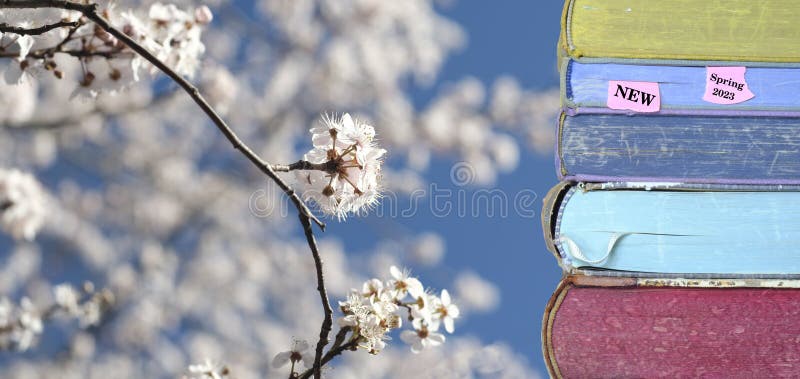 New book releases for spring 2023, with stack of books and cherry blossoms background.Spring Book fair, inspiration,reading