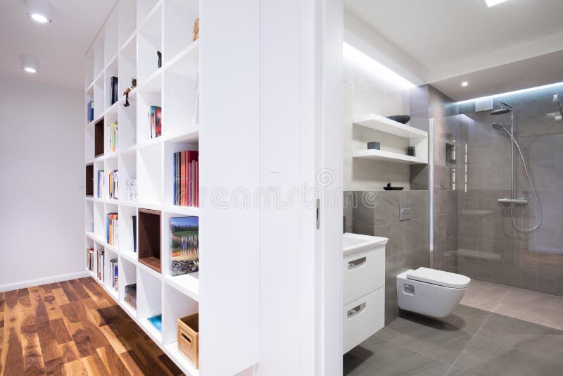 New Bookcase and Bathroom Interior Stock Image Image of lighting