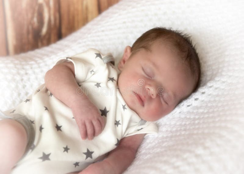 New Born Baby Boy Sleeping on a White Blanket Stock Image Image of