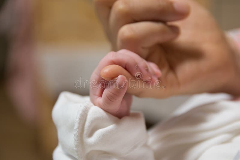 New born baby grip his mother& x27;s finger