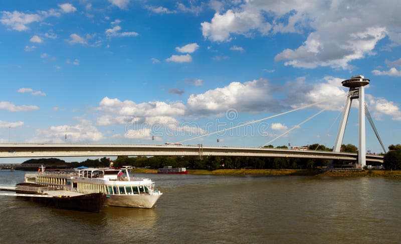 New Bridge with ship, Bratislava, Slovakia