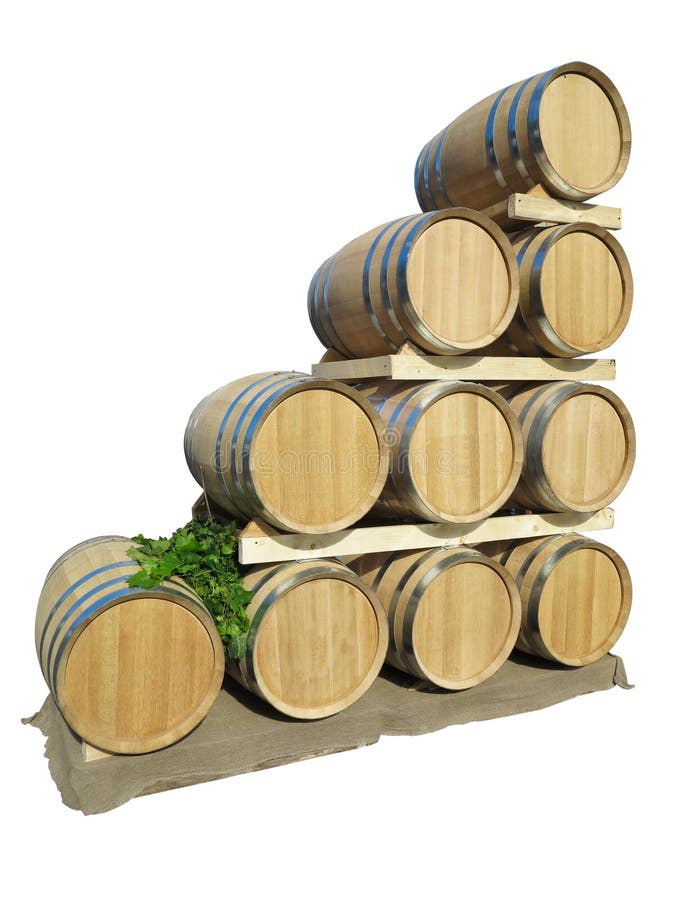New Brown Wine Barrels in a Wooden Stack Isolated Over White Stock