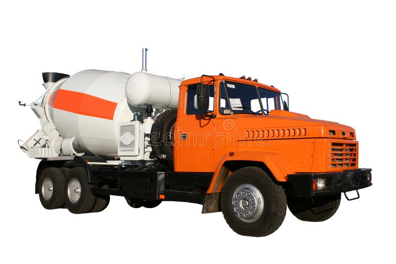 The new building lorry of red color with a concrete mixer