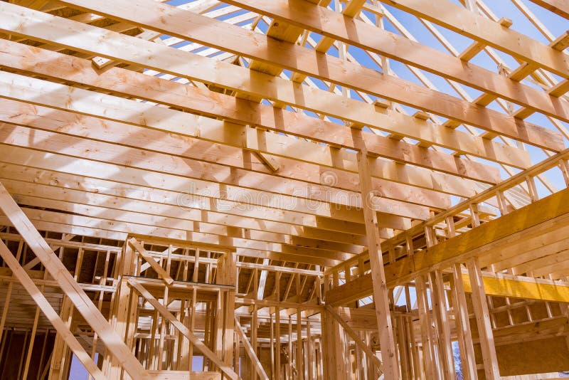 New building under construction frame stick built post beam stock photo