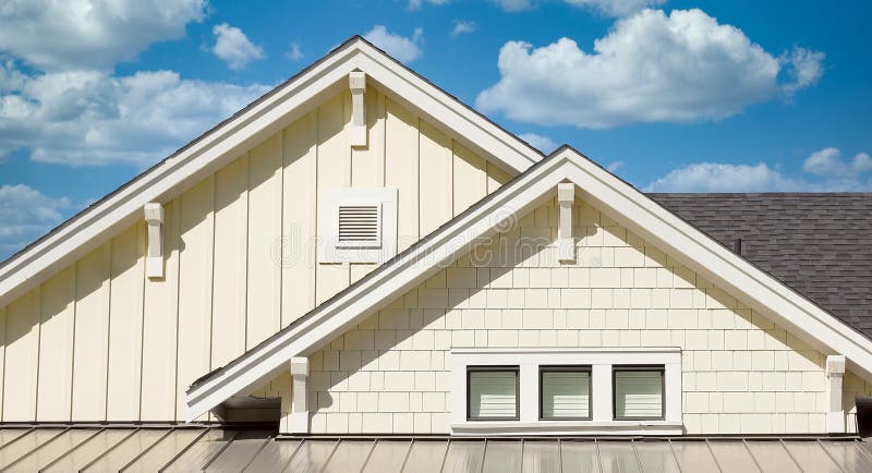 New Home House Yellow Exterior Roof Peak Details Puffy Cloudy Sky Background